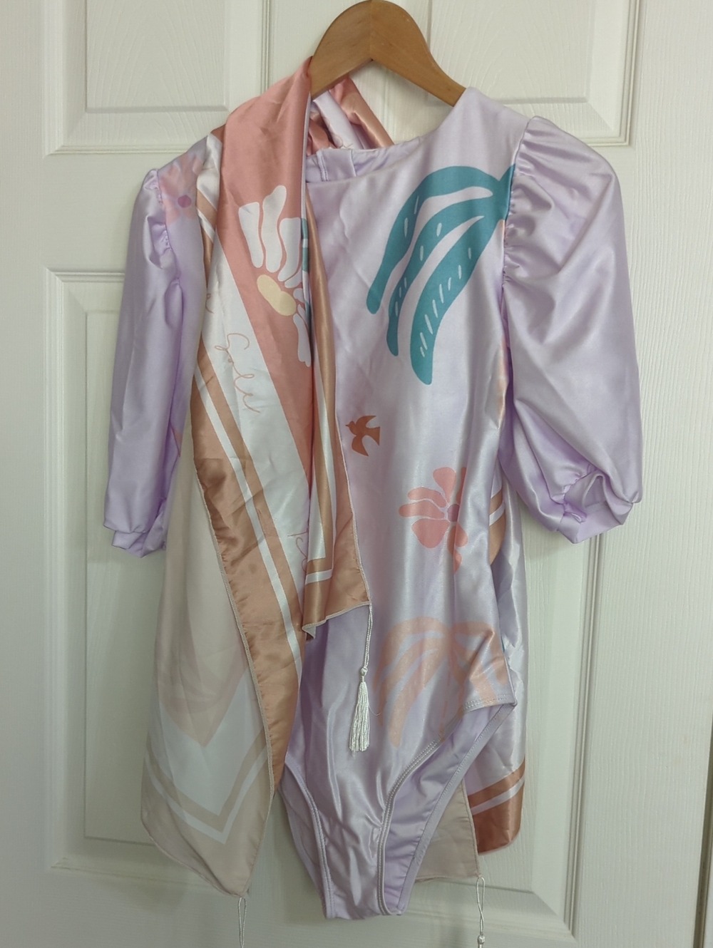 Lilac Satin Puff-Sleeve Bodysuit with Pastel Print Scarf